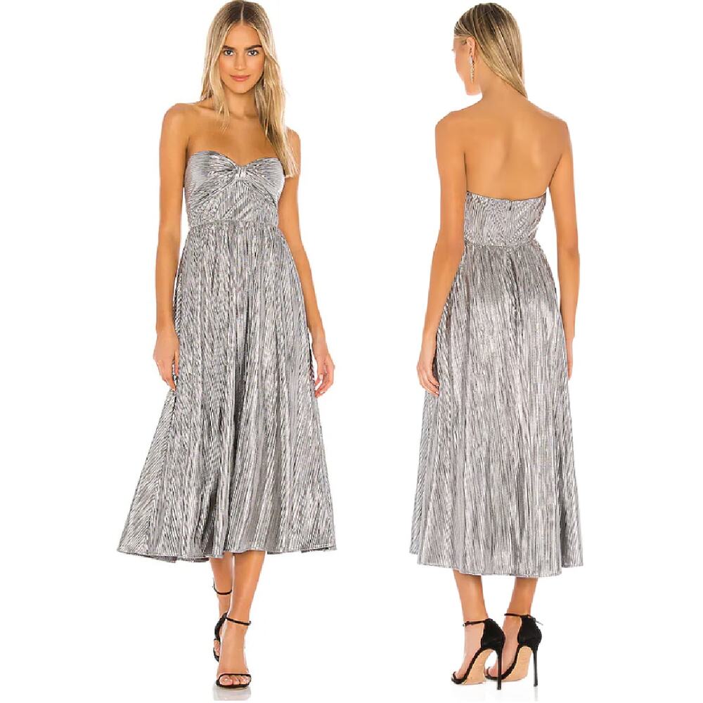 Lovers + Friends Tanya Silver Metallic Strapless Midi Dress Large Revolve Party